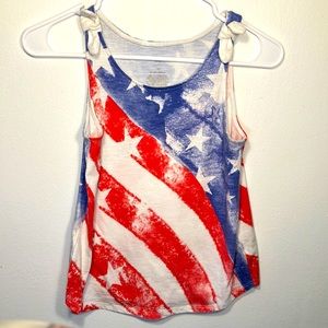 Youth size tank top red, white, and blue with knot shoulder straps.